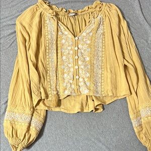American Eagle Outfitters Yellow Ruffled Long Sleeve Blouse